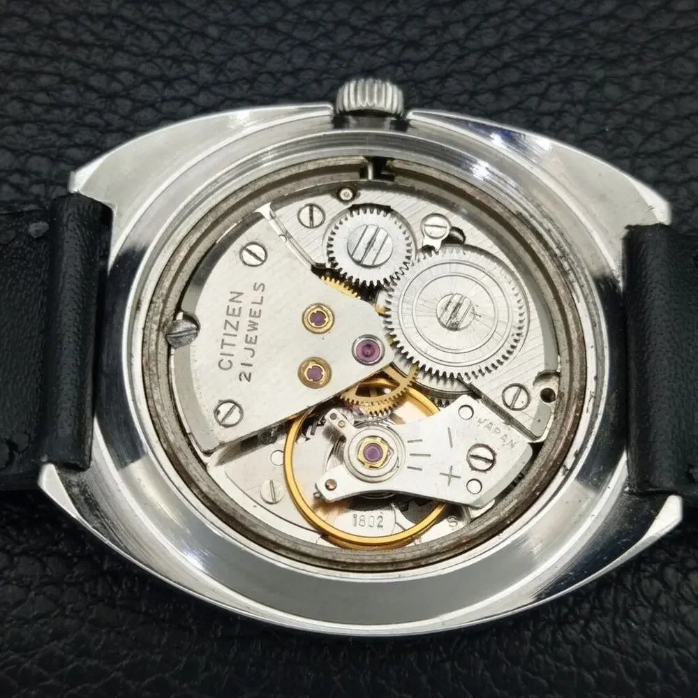 Vintage 1981 Citizen Manual Wound Mens Silver Watch W/Date & Red accents